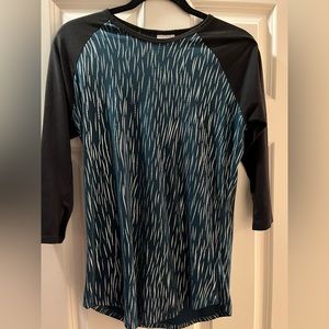 3/4 sleeve baseball tee shiny silver and teal